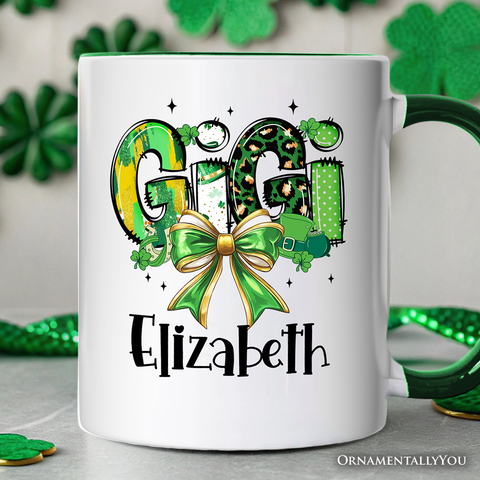 Coquette Gigi Bow St Patrick’s Day Personalized Mug, Green Lucky Shamrock Clover Gift with Custom Name
