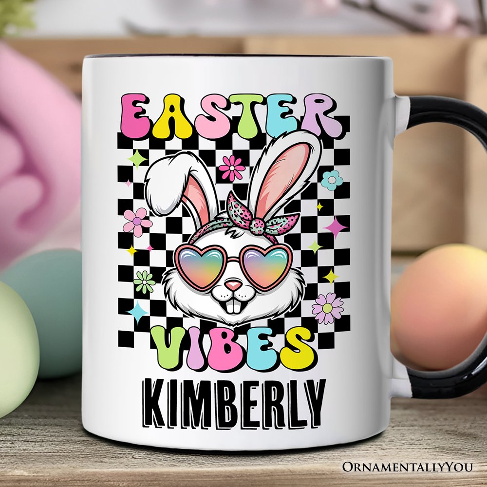 Retro Easter Bunny Sunglasses Personalized Mug, Groovy Checkered Gift with Custom Name