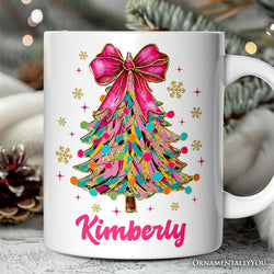 Colorful Glitter Christmas Tree Pink Bow Personalized Mug, Pink Bow Coquette Holiday Gift with Custom Name