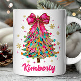 Colorful Glitter Christmas Tree Pink Bow Personalized Mug, Pink Bow Coquette Holiday Gift with Custom Name