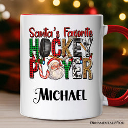 Santa’s Favorite Hockey Player Personalized Mug, Plaid Christmas Athelete Gift with Custom Name