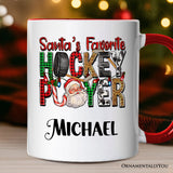 Santa’s Favorite Hockey Player Personalized Mug, Plaid Christmas Athelete Gift with Custom Name