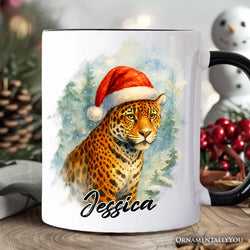 Watercolor Jaguar in Santa Hat Christmas Personalized Mug, Exotic Wildlife Holiday Gift with Custom Name