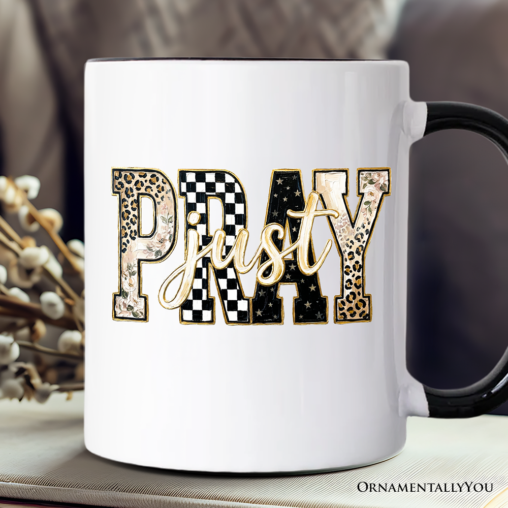 Just Pray Christian Varsity Mug, Retro Leopard Checkered Faith Gift