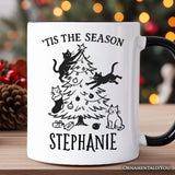 Christmas Tree Killer Cats Personalized Mug, Tis the Season Funny Holiday Gift with Custom Name
