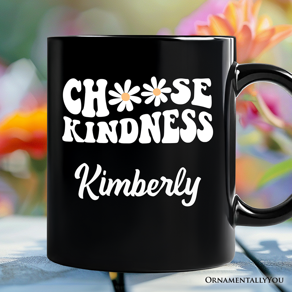 Choose Kindness Daisies Personalized Mug, Retro Groovy Positive Quote Gift with Custom Name