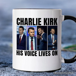 His Voice Lives On Charlie Kirk Graphic Mug, Women or Men Patriotic Republican Gift