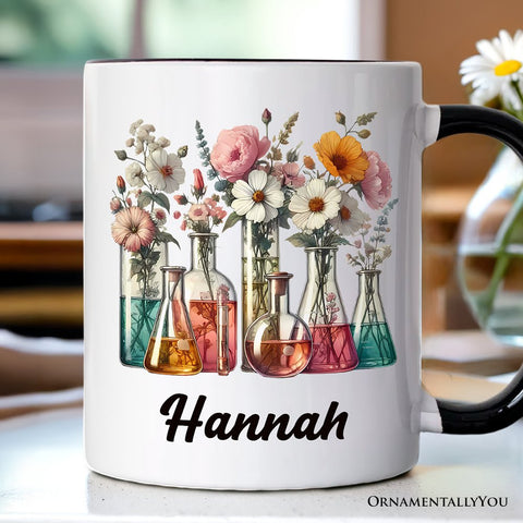 Floral Science Lab Beakers Personalized Mug, Flowers Chemistry Scientist Gift with Custom Name