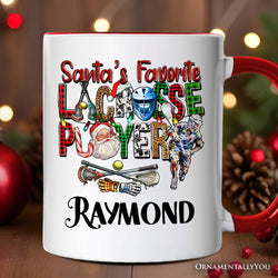 Santa’s Favorite Lacrosse Player Personalized Mug, Plaid Christmas Athlete Gift with Custom Name
