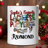 Santa’s Favorite Lacrosse Player Personalized Mug, Plaid Christmas Athlete Gift with Custom Name