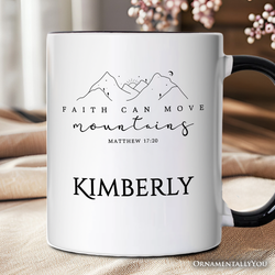 Faith Can Move Mountains Matthew 1720 Christian Personalized Mug, Minimalist Mountain Religious Gift with Custom Name