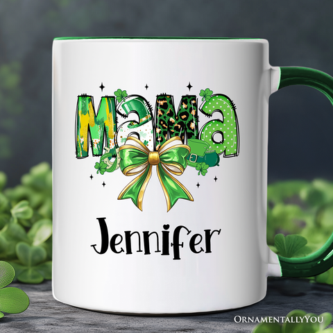 Coquette Mama Bow St Patrick’s Day Personalized Mug, Green Lucky Shamrock Clover Gift with Custom Name