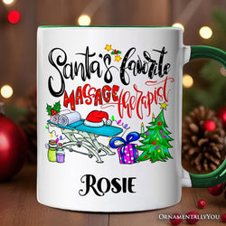 Santa’s Favorite Massage Therapist Personalized Mug, Spa Appreciation Christmas Gift with Custom Name