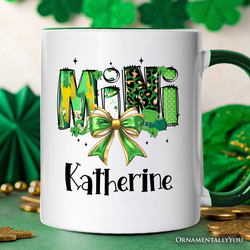 Coquette Mini Clover Bow St Patrick’s Day Personalized Mug, Green Lucky Shamrock Clover Gift with Custom Name