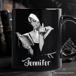 Eccentric Gothic Smoking Nun Personalized Mug, Unique Halloween Gift with Custom Name