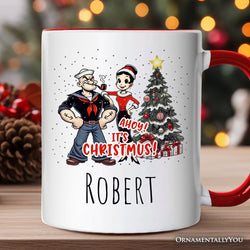 Ahoy! It's Christmus! Popeye and Olive Personalized Mug, Vintage Sailor Christmas Gift with Custom Name