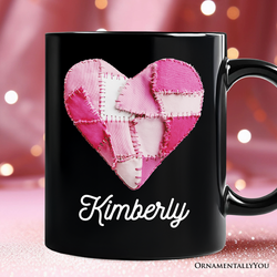 Patchwork Pink Heart Valentine Personalized Mug, Love Retro Coquette Gift with Custom Name