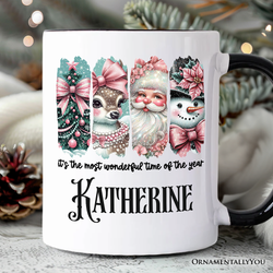 Coquette Pink Christmas Personalized Mug, It's The Most Wonderful Time Of The Year Vintage Gift with Custom Name