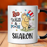 Patriotic Red White & Proud Personalized Mug, 4th of July Celebration Pooh Bear Gift with Custom Name