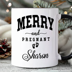 Merry and Pregnant Personalized Mug, Baby Announcement Christmas Custom Gift for New Mom