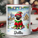 Santa's Little Helper Pug Elf Personalized Mug, Whimsical Canine Christmas Gift with Custom Name