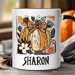 Pumpkin Fall Floral Personalized Mug, Thanksgiving Coquette Bow Gift with Custom Name