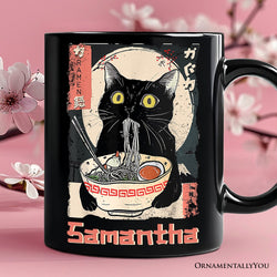 Kawaii Anime Cat Eating Ramen Personalized Mug, Noodle Japanese Art Style Gift with Custom Name