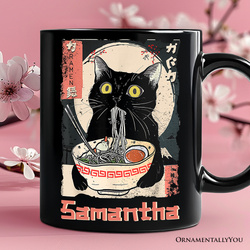 Kawaii Anime Cat Eating Ramen Personalized Mug, Noodle Japanese Art Style Gift with Custom Name
