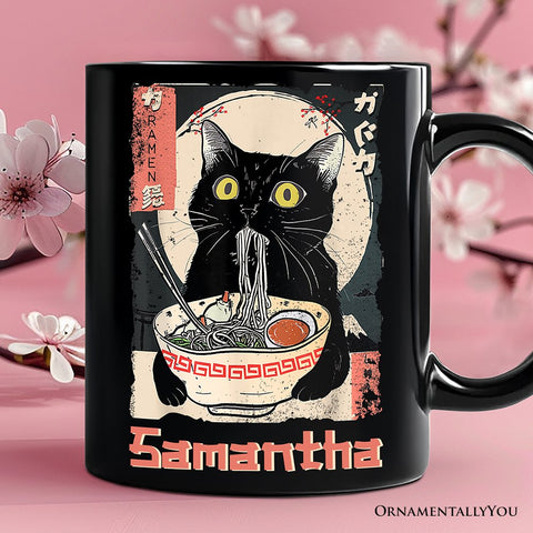 Kawaii Anime Cat Eating Ramen Personalized Mug, Noodle Japanese Art Style Gift with Custom Name