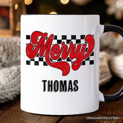 Merry Retro Personalized Mug, Christmas Checkered Gift with Custom Name