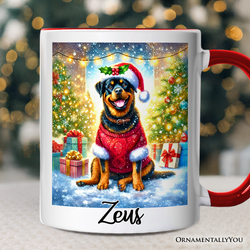 Charming Rottweiler in Festive Attire Personalized Mug, Heartwarming Dog-Themed Christmas Gift with Custom Name
