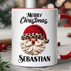 Santa Leopard Hat Christmas Personalized Mug, Imitation Latch Hook Yarn Cozy Gift with Custom Name