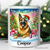 Festive German Shepherd with Santa Hat Personalized Mug, Joyful Christmas Gift with Custom Name