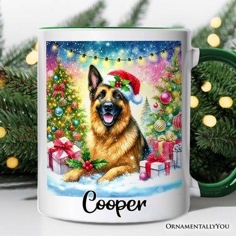 Festive German Shepherd with Santa Hat Personalized Mug, Joyful Christmas Gift with Custom Name