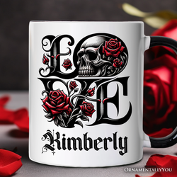 Gothic Love Skull Roses Personalized Mug, Dark Valentine Romance Gift with Custom Name