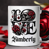 Gothic Love Skull Roses Personalized Mug, Dark Valentine Romance Gift with Custom Name