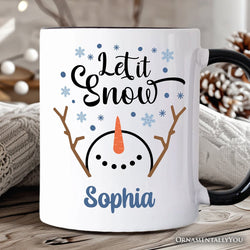 Let It Snow Snowman Personalized Mug, Snowflakes Minimalist Gift with Custom Name