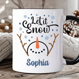 Let It Snow Snowman Personalized Mug, Snowflakes Minimalist Gift with Custom Name