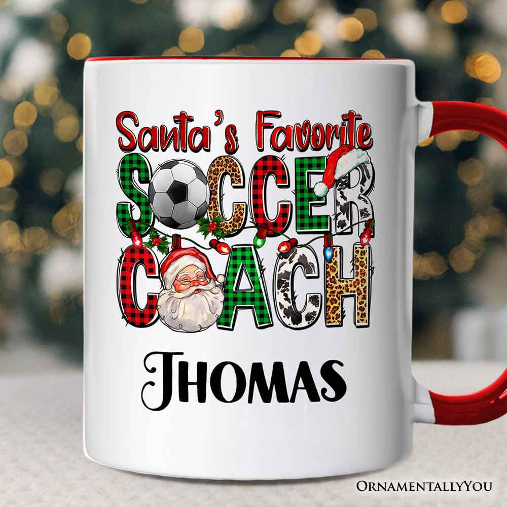 Santa’s Favorite Soccer Coach Personalized Mug, Plaid Christmas Football Gift with Custom Name