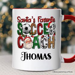 Santa’s Favorite Soccer Coach Personalized Mug, Plaid Christmas Football Gift with Custom Name