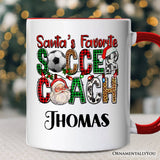 Santa’s Favorite Soccer Coach Personalized Mug, Plaid Christmas Football Gift with Custom Name