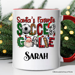 Santa’s Favorite Soccer Goalie Personalized Mug, Plaid Christmas Football Gift with Custom Name