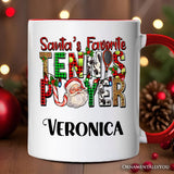 Santa’s Favorite Tennis Player Personalized Mug, Plaid Christmas Athelete Gift with Custom Name