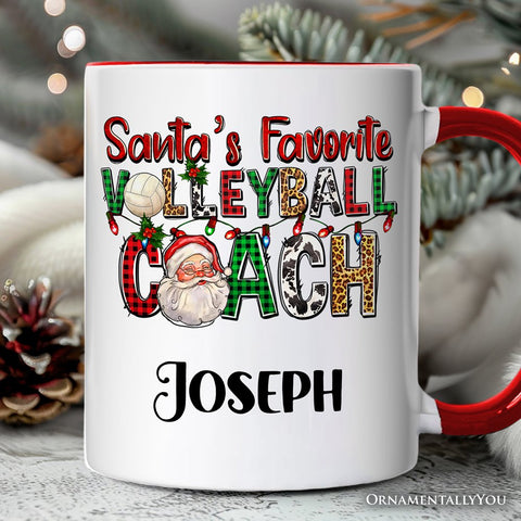 Santa’s Favorite Volleyball Coach Personalized Mug, Plaid Christmas Sports Gift with Custom Name