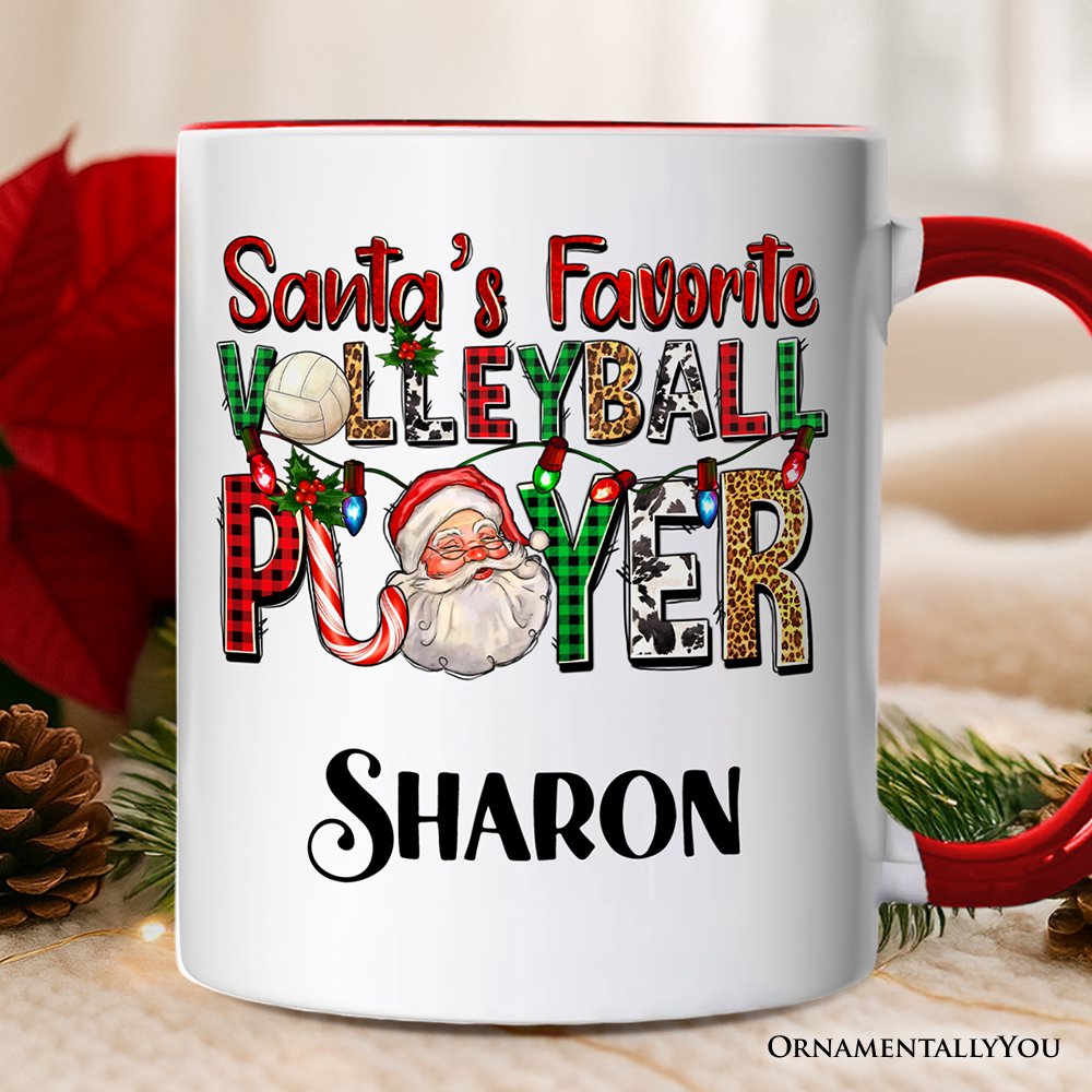 Santa’s Favorite Volleyball Player Personalized Mug, Plaid Christmas Sports Gift with Custom Name
