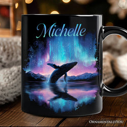 Ocean Aurora Whale Personalized Mug, Northern Lights Wildlife Gift with Custom Name