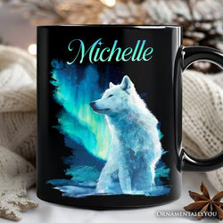 Wild Aurora White Wolf Personalized Mug, Northern Lights Arctic Wolf Gift with Custom Name