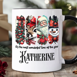 It's the Most Wonderful Time of The Year Personalized Mug, Reindeer, Santa, Snowman Vintage Gift with Custom Name