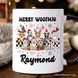Merry Woofmas Dog Mama Personalized Mug, Dogs With Santa Hats Christmas Gift with Custom Name