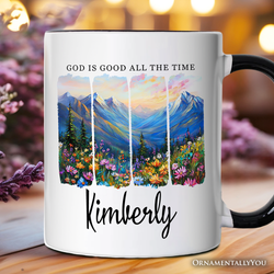 God Is Good All the Time Mountain Christian Personalized Mug, Wildflower Brushstroke Bible Verse Faith Gift with Custom Name